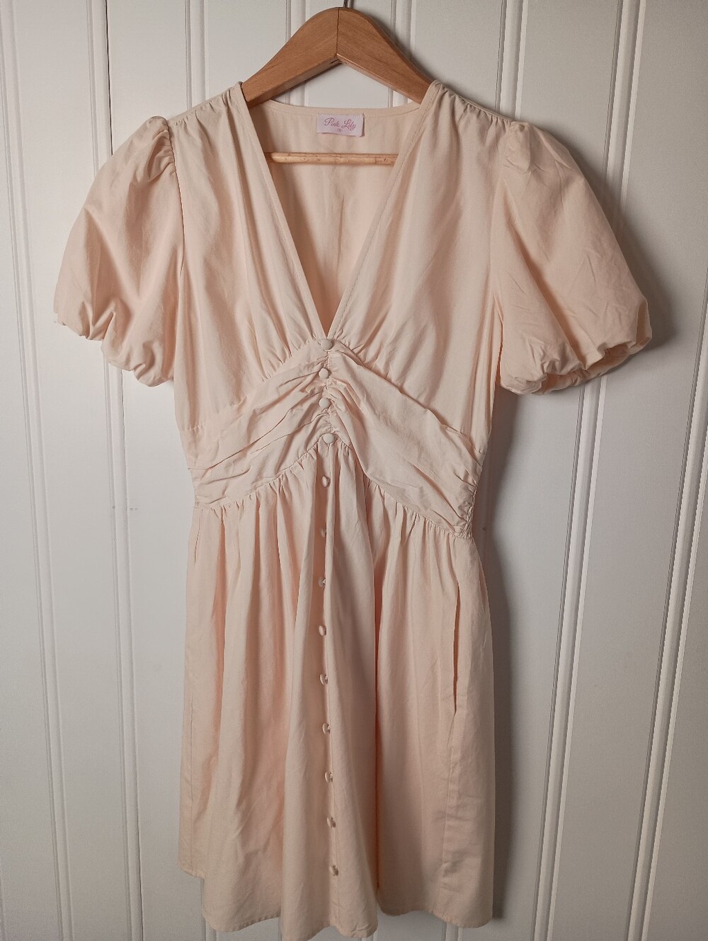 Pink Lily- Vintage-Inspired Puff Sleeve Dress in Light Peach- Size M